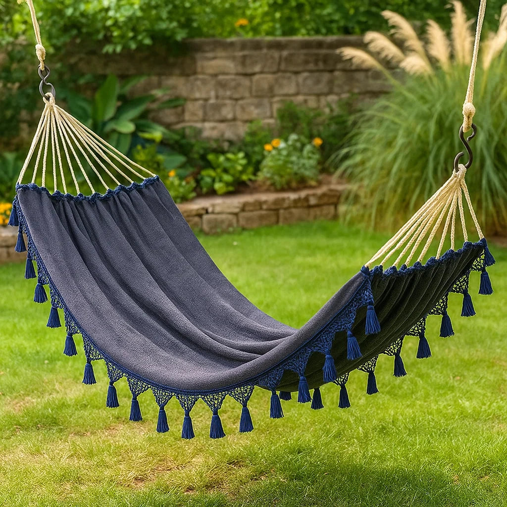 Amaca da Giardino in Cotone con Frange Blu Scuro