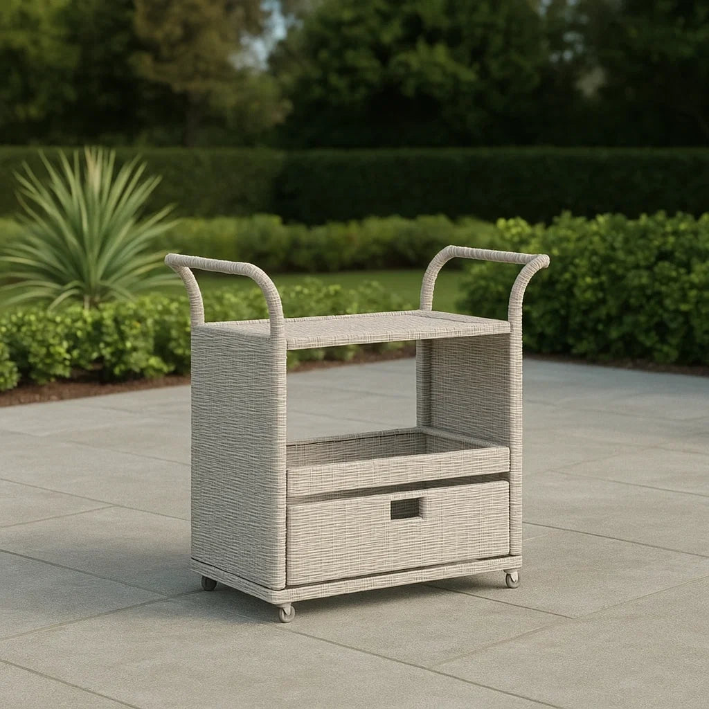 Carrello da Giardino in Rattan Sintetico Grigio con Ruote