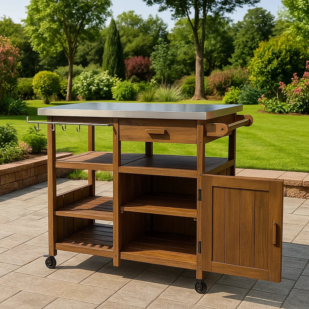 Carrello da Cucina Esterno con Piano in Acciaio e Ripiani in Legno di Acacia