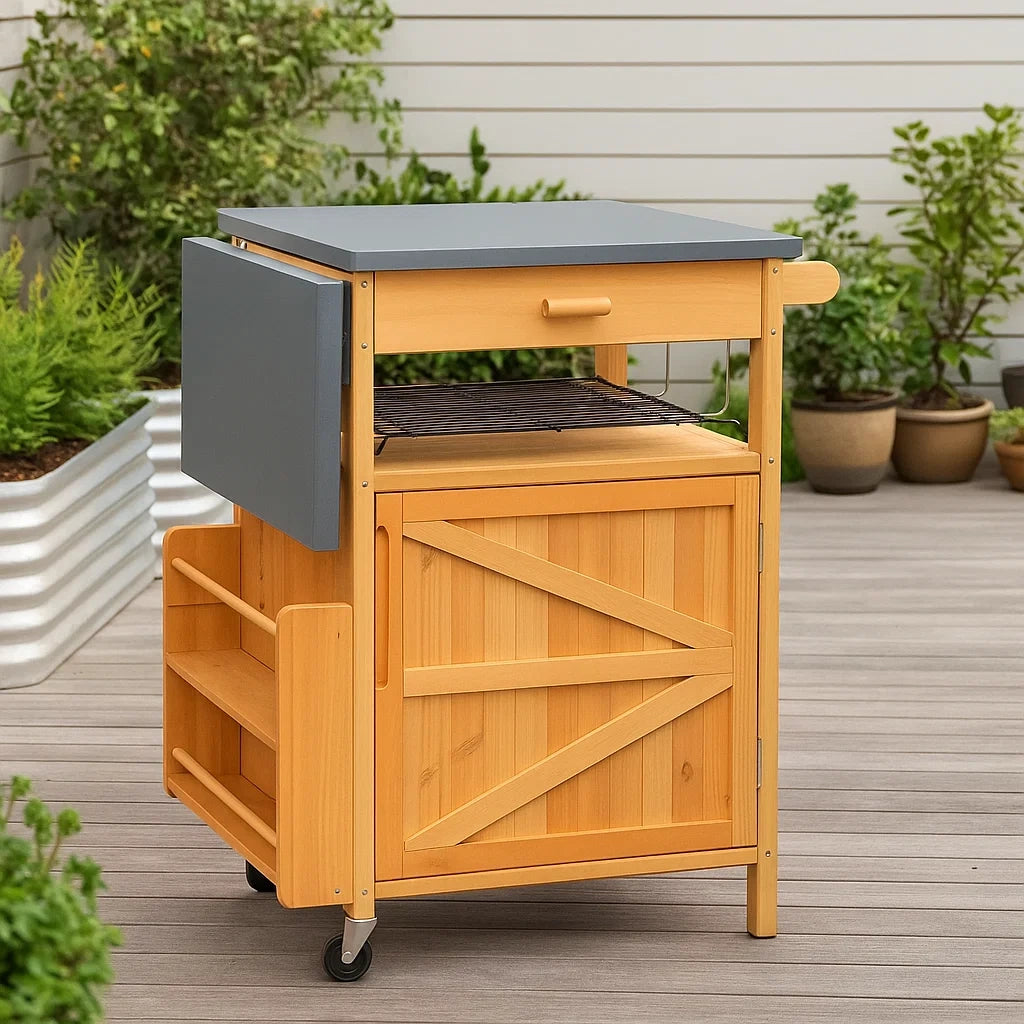 Carrello da Cucina in Legno di Cedro con Piano in Metallo Grigio