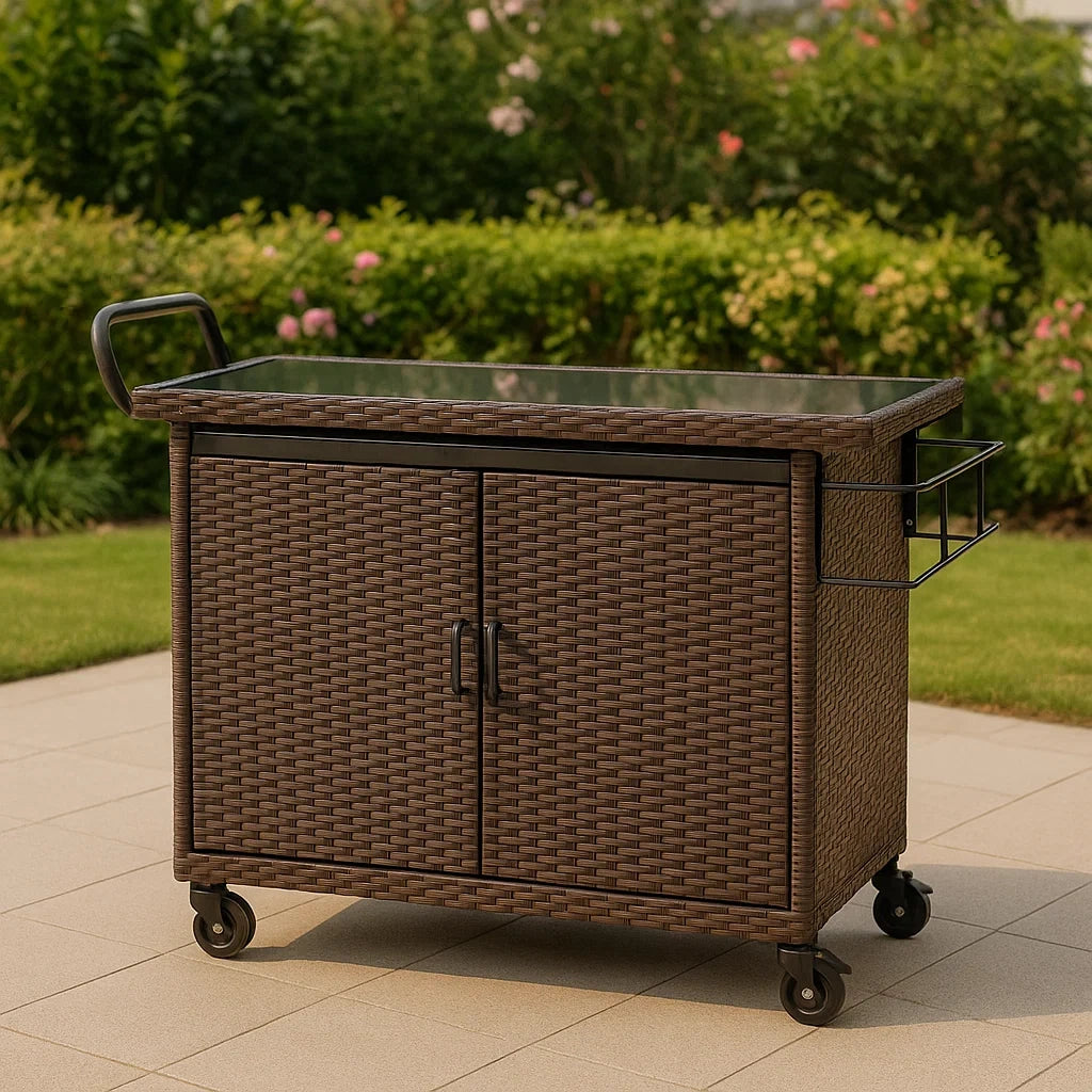 Carrello da Giardino in Rattan con Ripiano in Vetro Temperato
