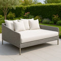 Divano da Giardino in Rattan Sintetico Grigio con Cuscini Bianchi