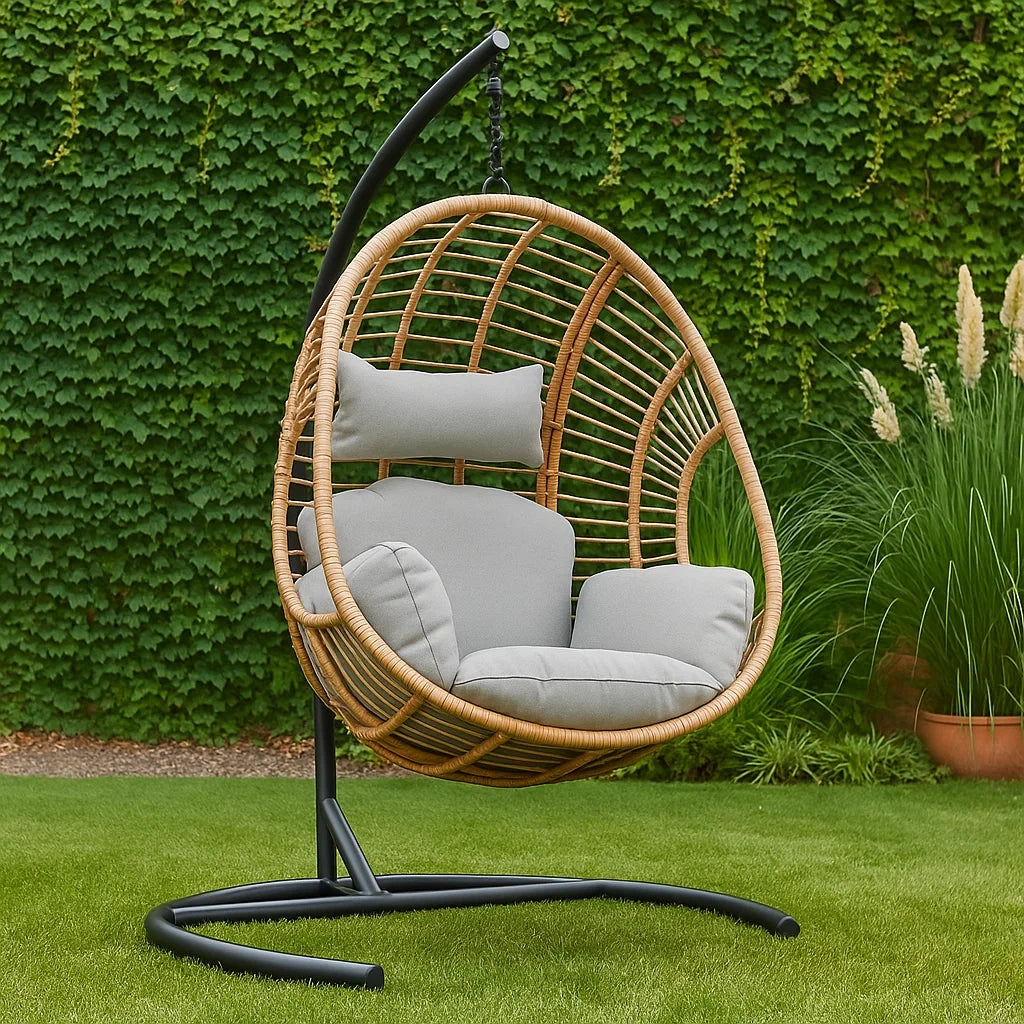 Sedia Sospesa da Giardino in Rattan con Cuscini Grigi