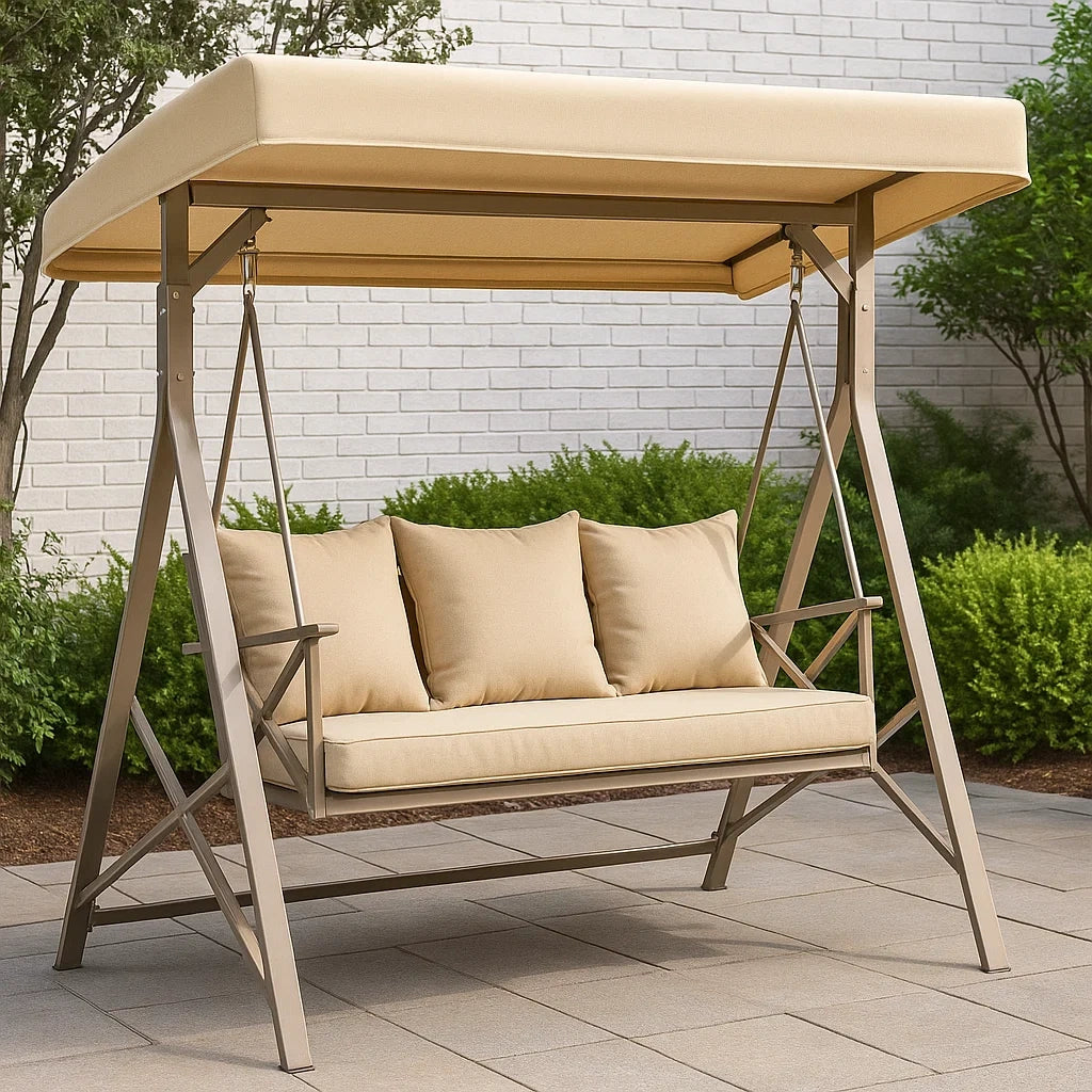 Dondolo da Giardino in Metallo con Cuscini in Tessuto Beige