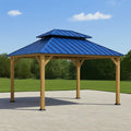 Gazebo da Giardino in Legno con Tetto in Metallo Blu