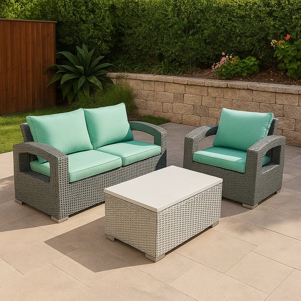 Set da Giardino in Rattan PE Grigio con Cuscini Verde Acqua