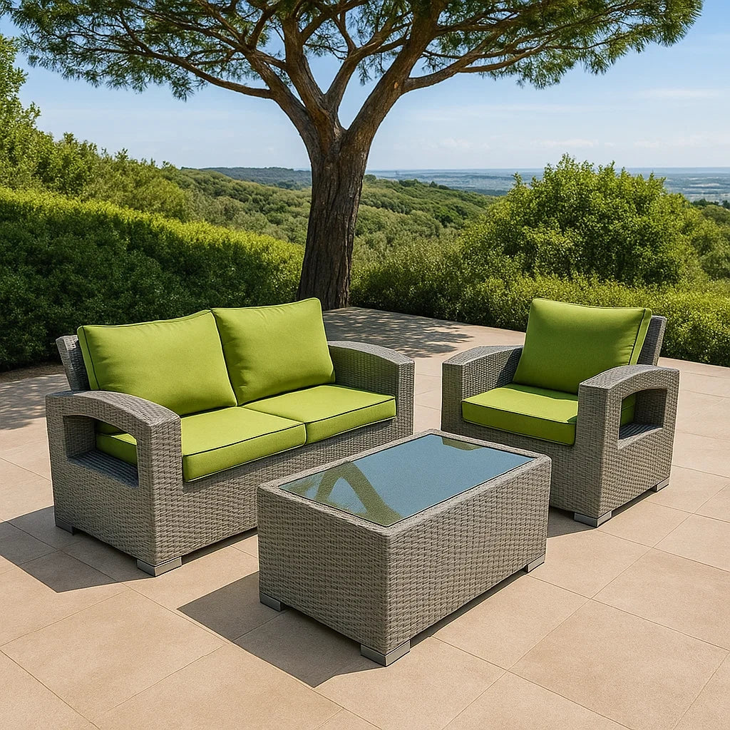 Set Arredamento da Esterno in Rattan Sintetico Grigio con Cuscini Verdi