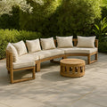 Set da giardino in legno di teak con cuscini crema e tavolino