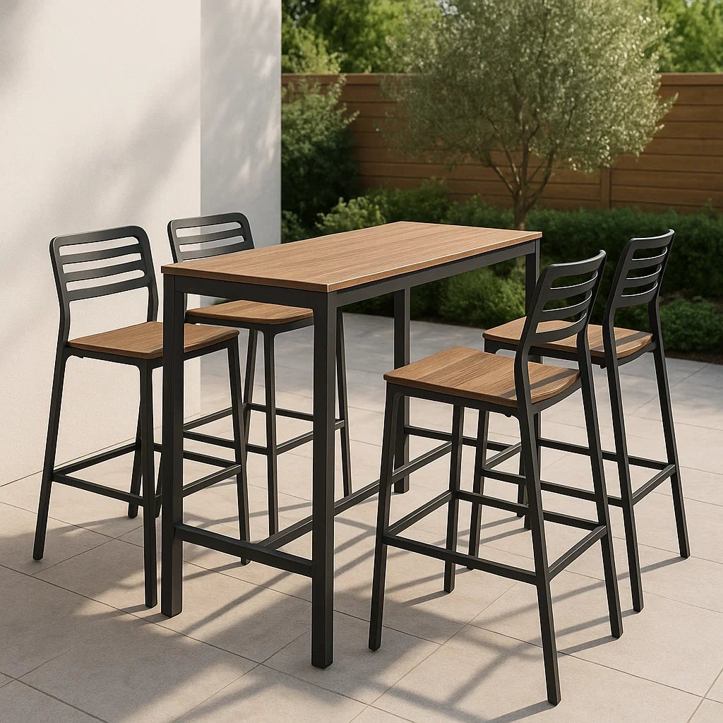 Set da Giardino con Tavolo Alto e Sedie in Metallo e Legno