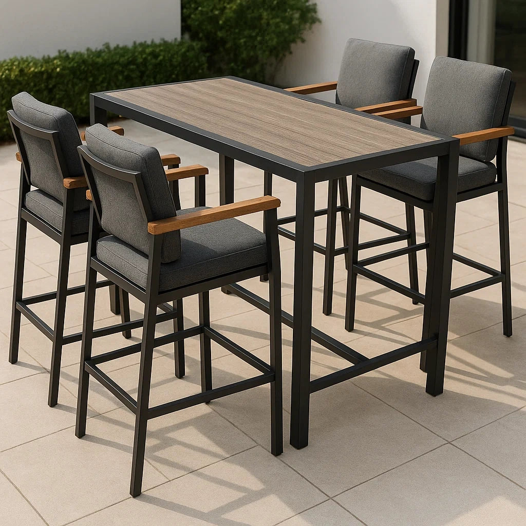 Set tavolo alto e 4 sedie da bar per esterno in metallo e legno, cuscini tessuto grigio