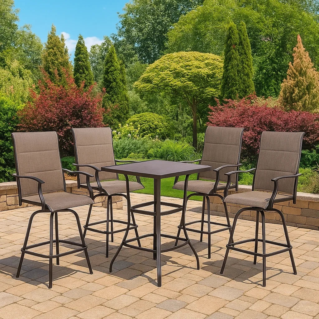 Set da Giardino con Tavolo Quadrato in Metallo e 4 Sedie Alte in Tessuto
