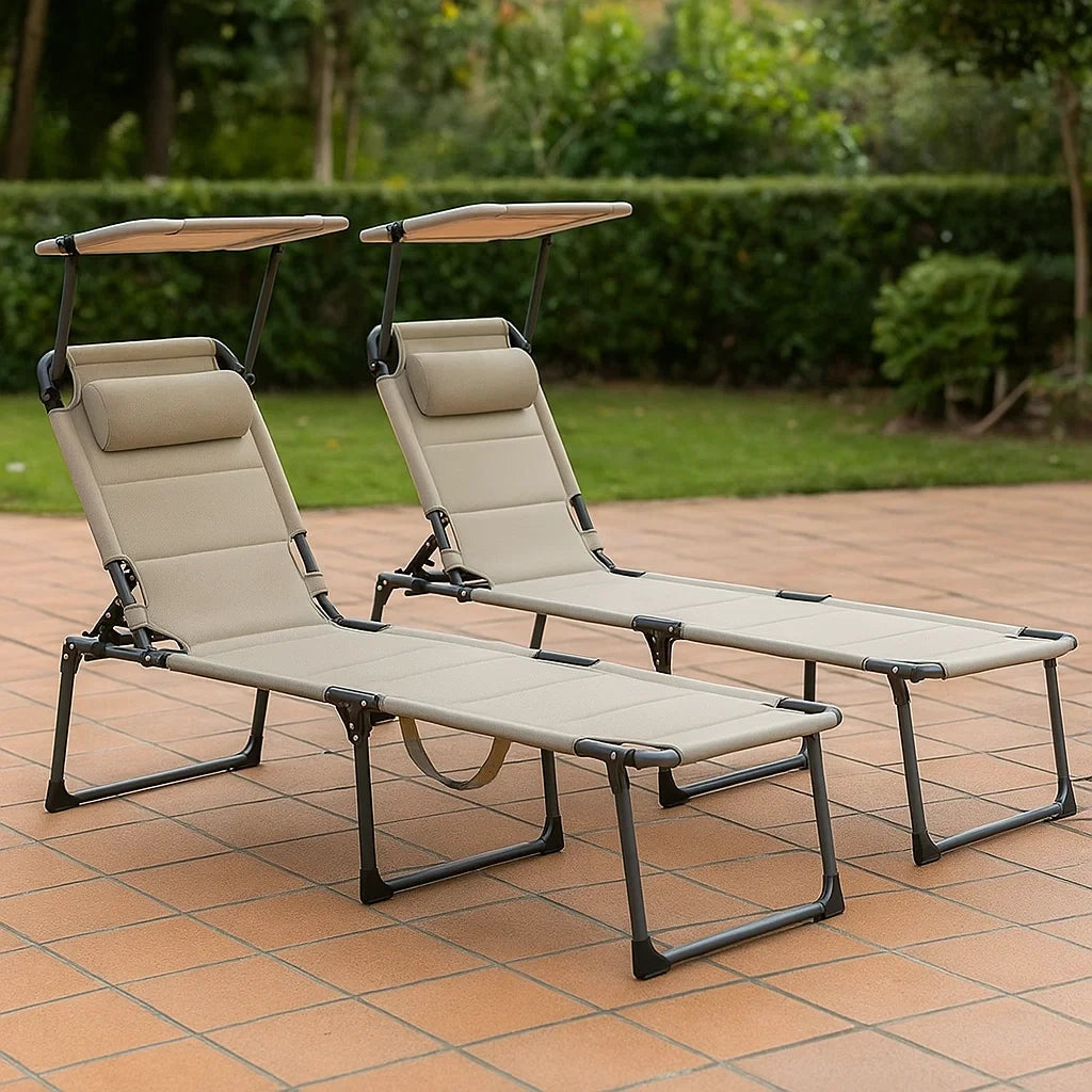 Set di 2 Lettini Prendisole Pieghevoli in Metallo e Tessuto Beige con Tetto Regolabile