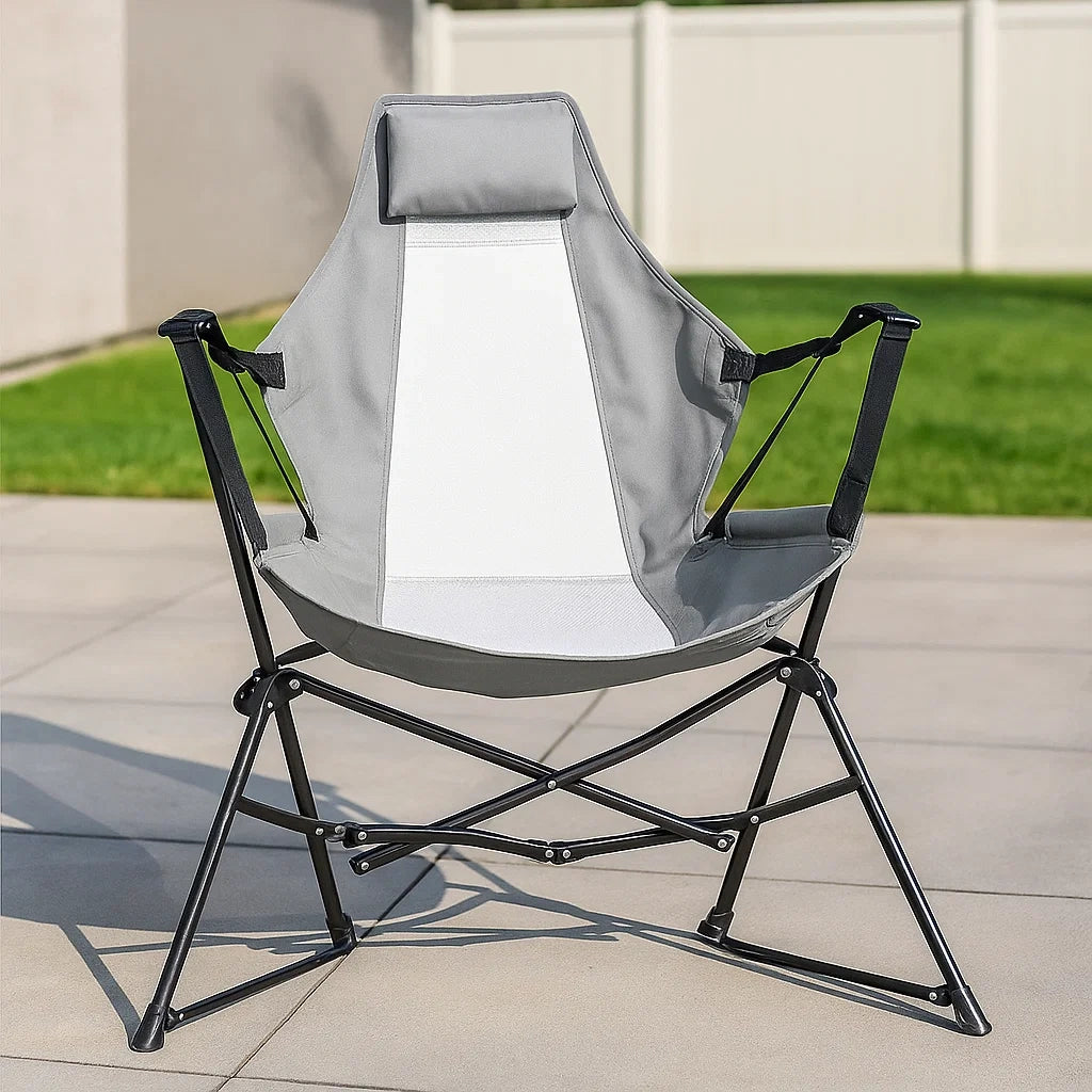 Sedia pieghevole in tessuto oxford grigio e bianco con struttura in acciaio