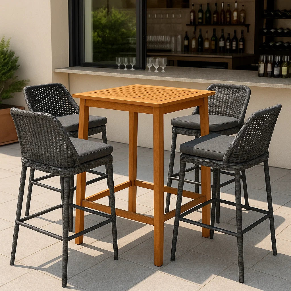 Set da Esterno con Tavolo in Legno e Sedie in Rattan Sintetico