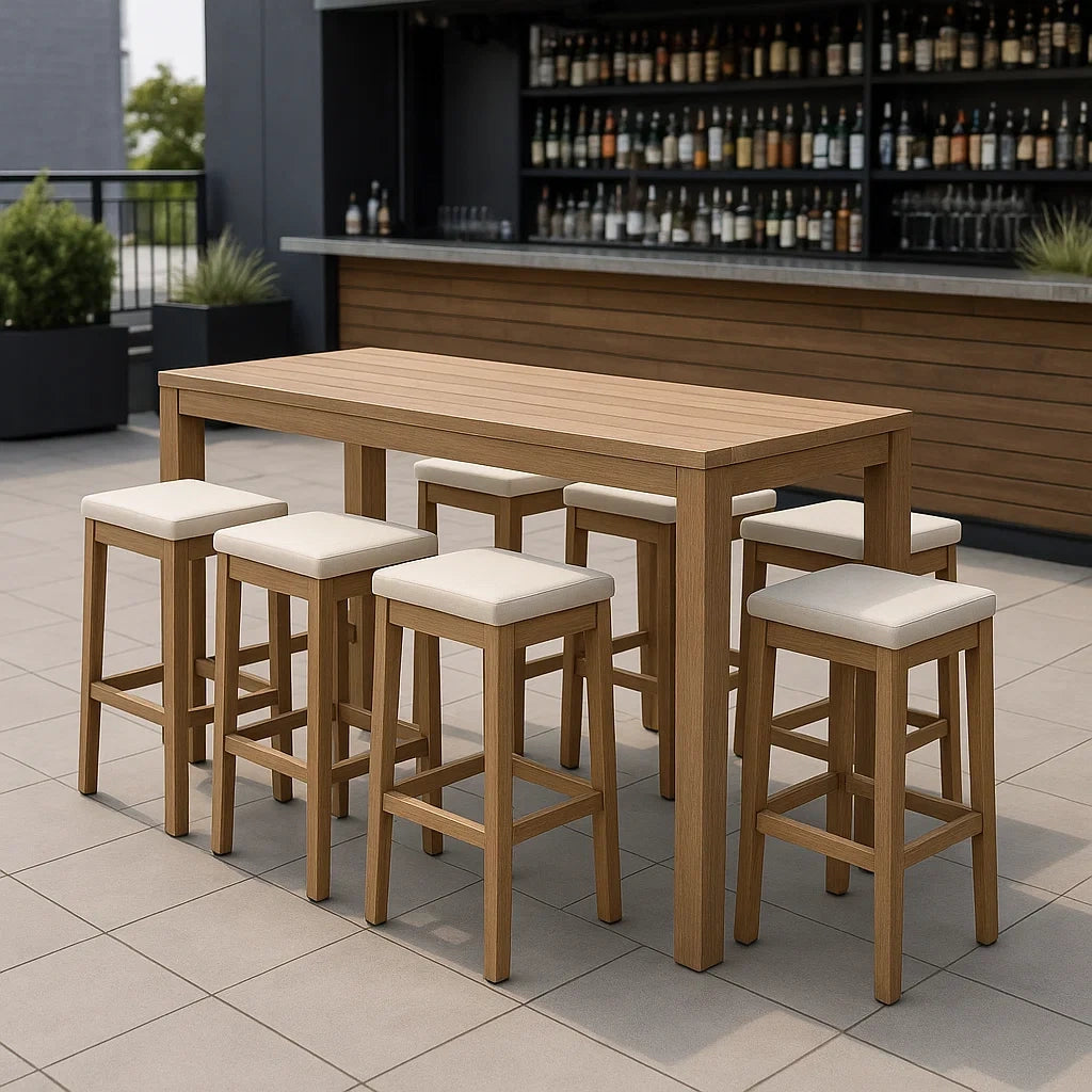 Set tavolo da bar in legno con 6 sgabelli imbottiti