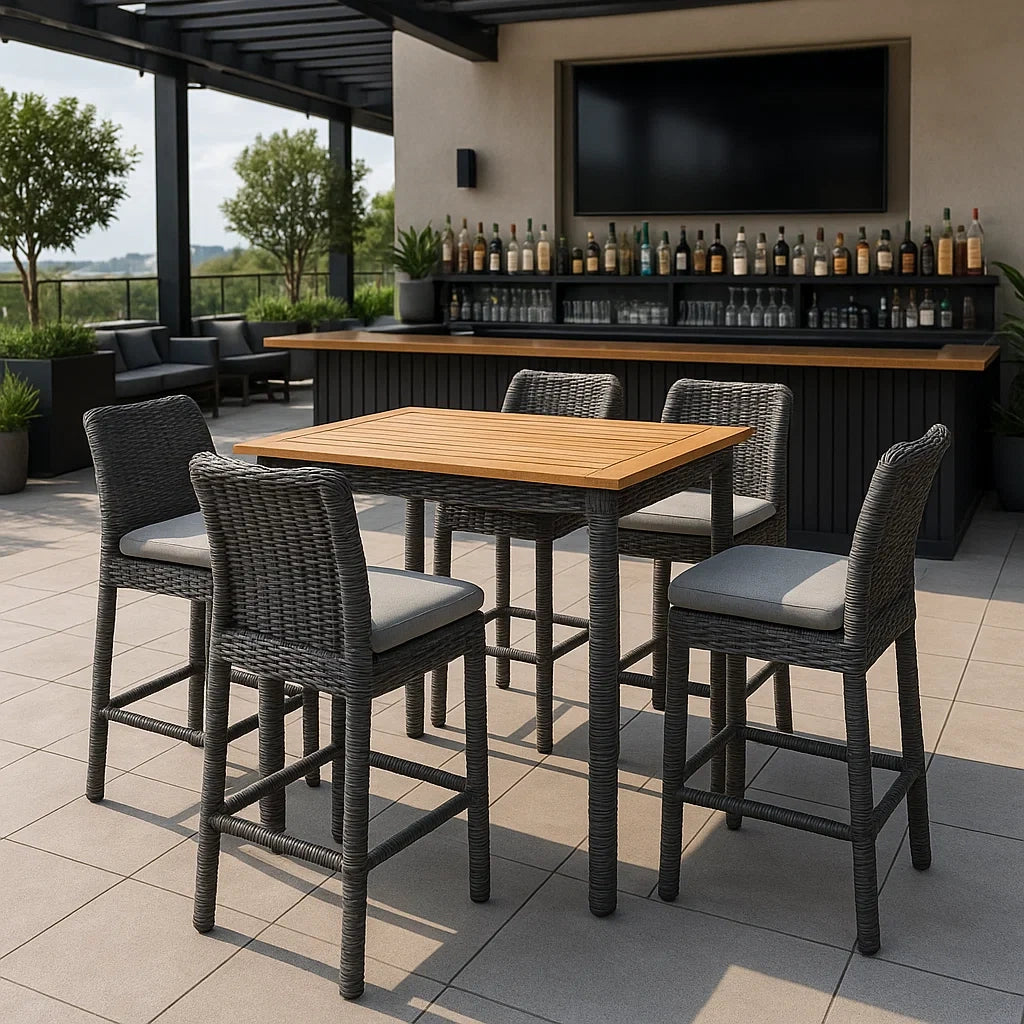 Set tavolo e sgabelli da bar in rattan e teak per esterno, 5 pezzi Grigio