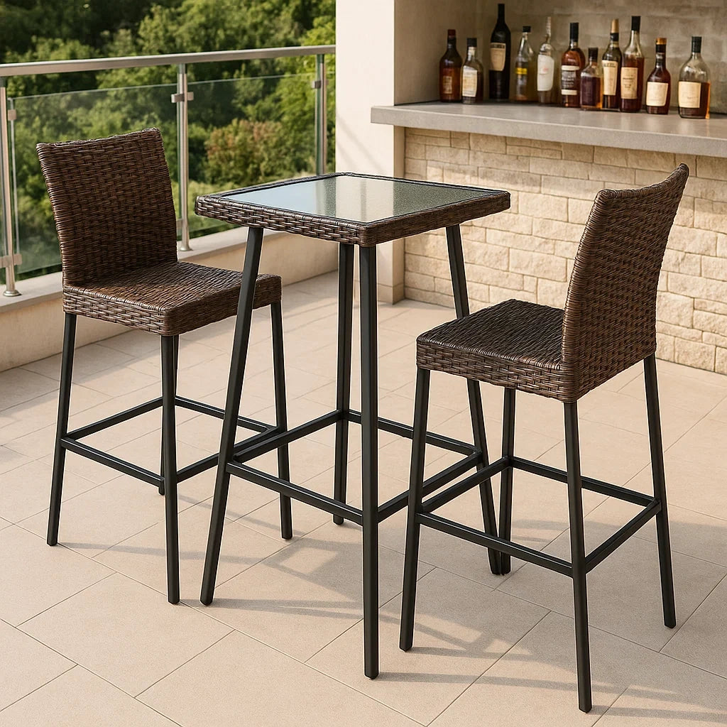 Set da Bar con Tavolo in Vetro Temperato e Sgabelli in Rattan Sintetico