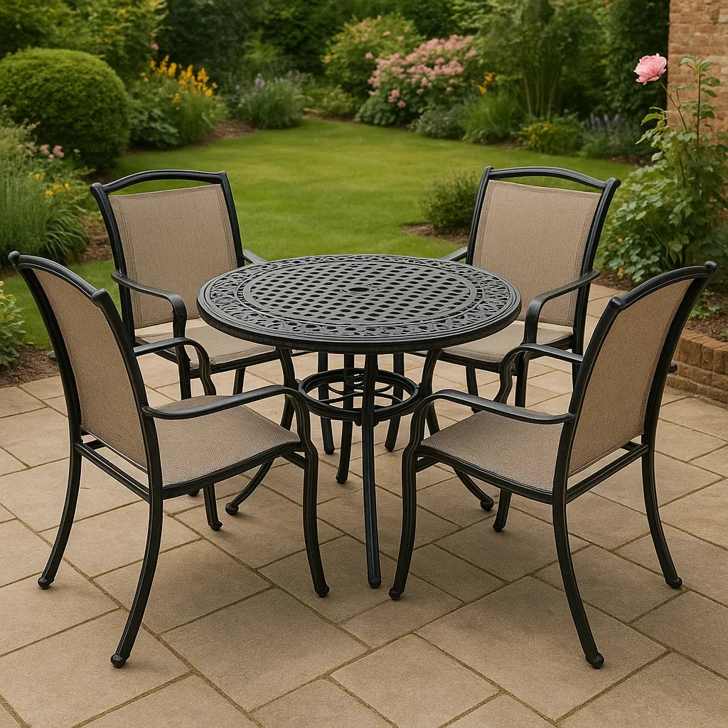 Set Giardino in Alluminio con Tavolo Rotondo e 4 Sedie in Textilene
