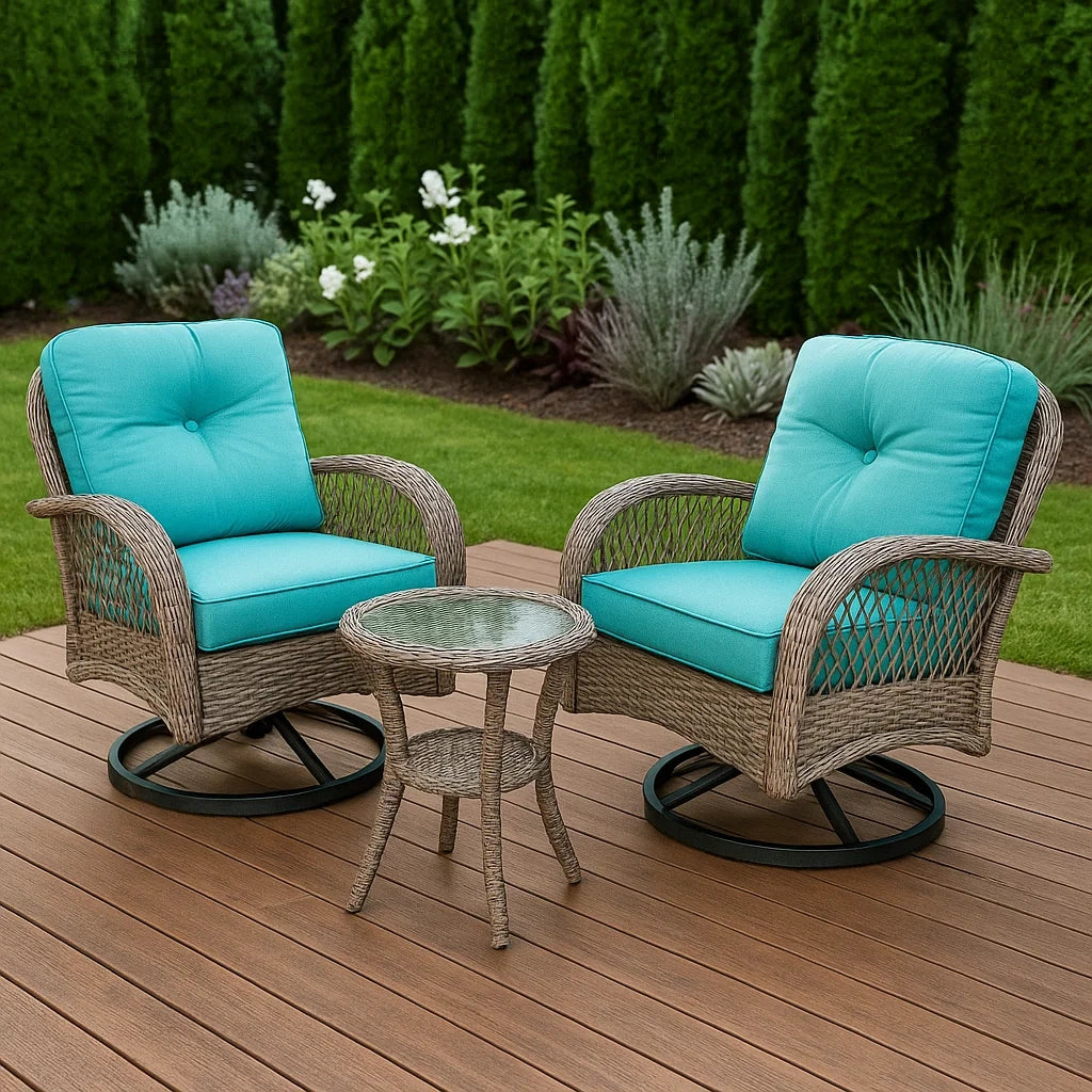 Set da Giardino con 2 Poltrone Rotanti e Tavolino in Rattan Sintetico con Cuscini Turchesi