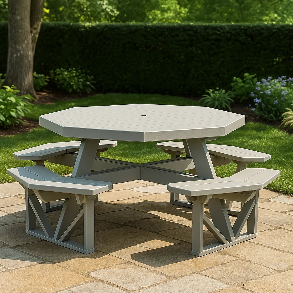 Tavolo da picnic ottagonale con panche integrate in plastica HDPE Grigio Chiaro 200 cm