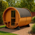 Sauna da Giardino in Legno a Forma di Barile con Tegole Bituminose