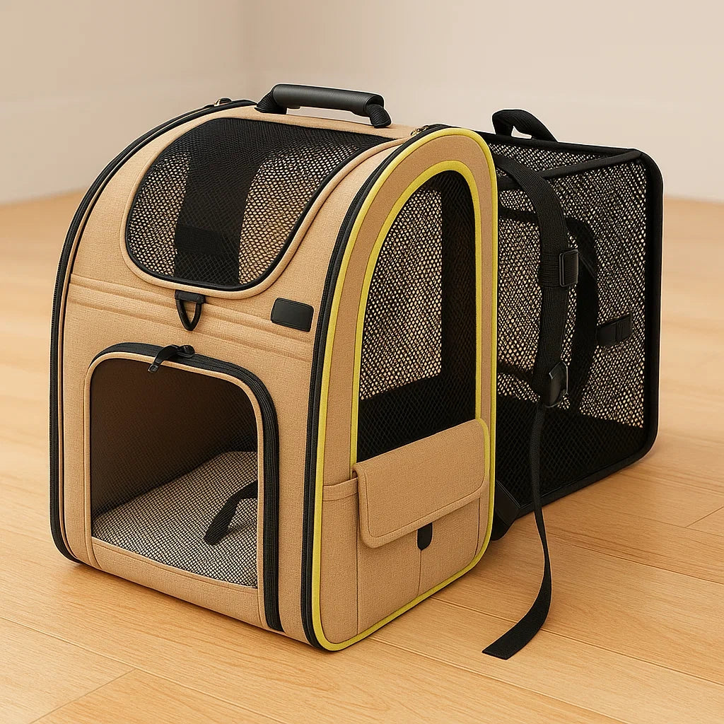 Zaino trasportino animali in tela e rete poliestere Beige/Nero