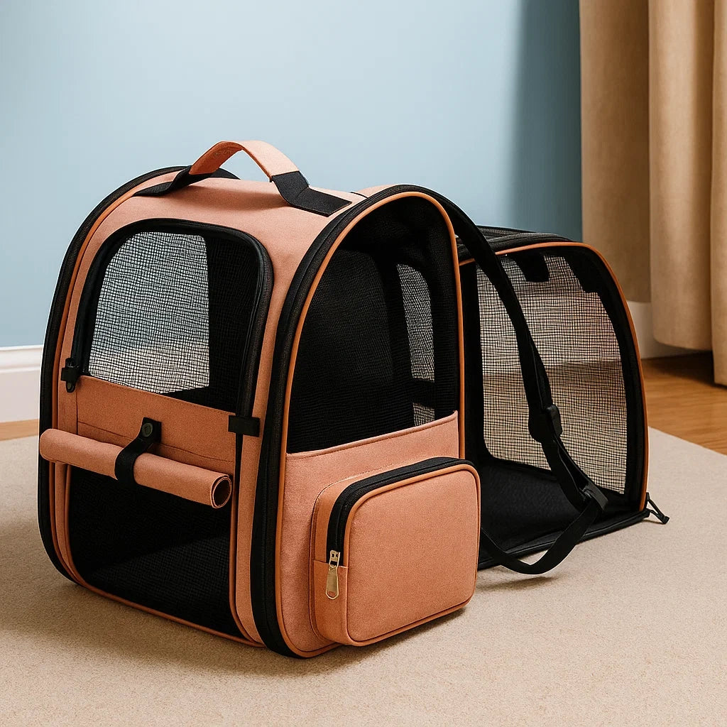 Zaino per Animali Espandibile in Tessuto Oxford Beige/Nero