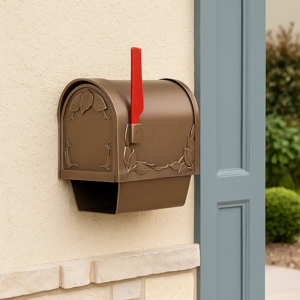 Cassetta Postale in Metallo con Decorazione di Foglie e Bandierina Rossa